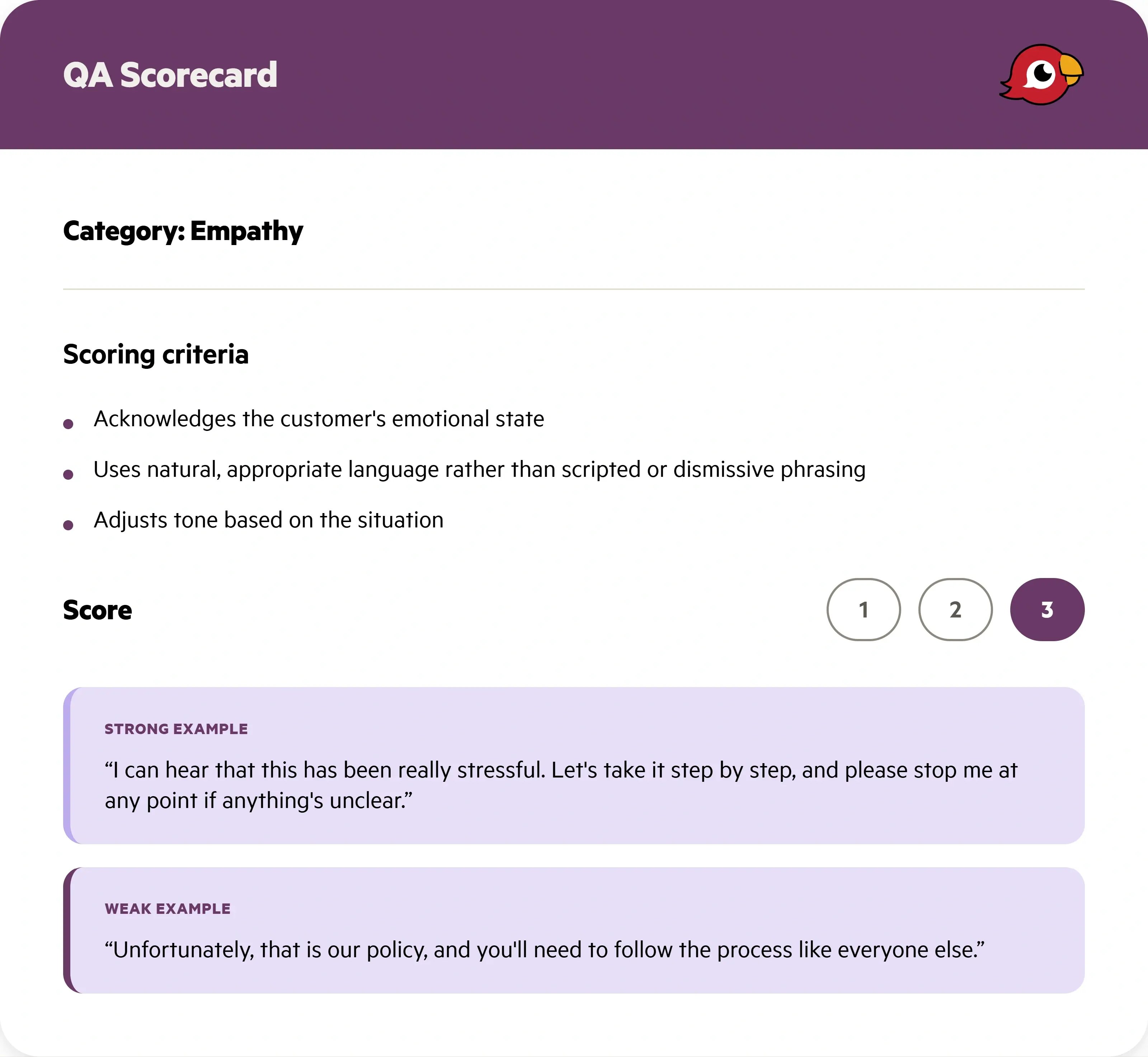 Key scorecard design criteria for a scorecard intended to evaluate agents for vulnerable customer interactions.