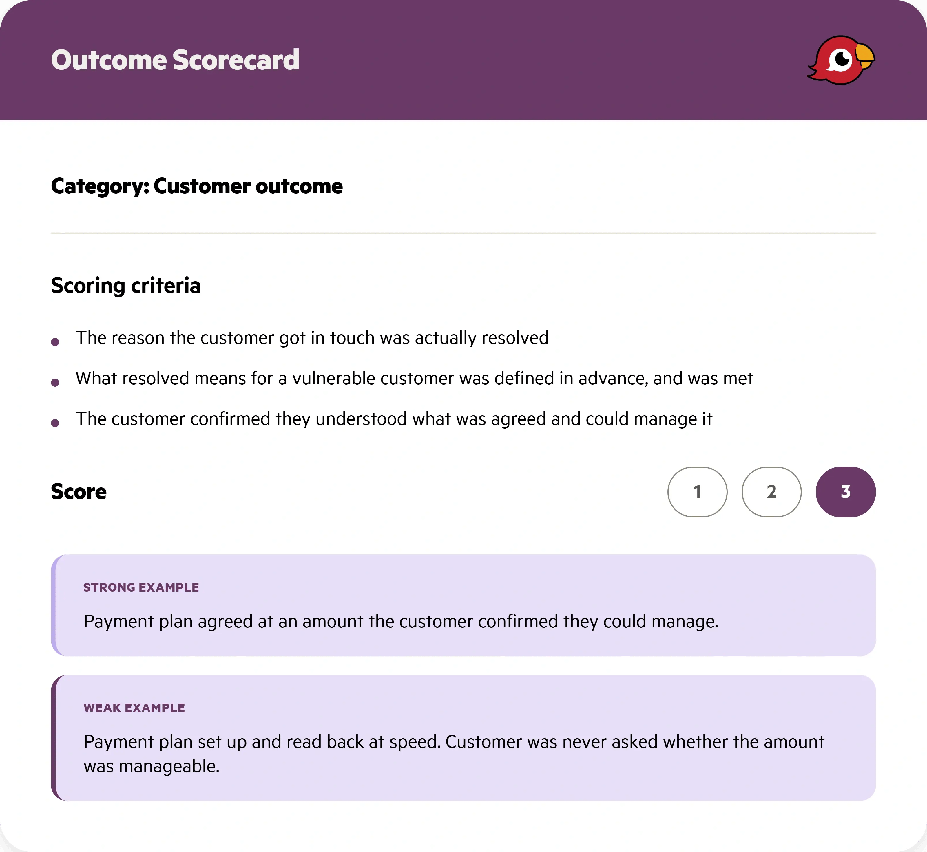 Outcome Scorecard showing scoring of a conversation on customer outcome: whether the reason for contact was resolved, whether what resolved means for a vulnerable customer was defined in advance and met, and whether the customer confirmed they understood and could manage what was agreed.
