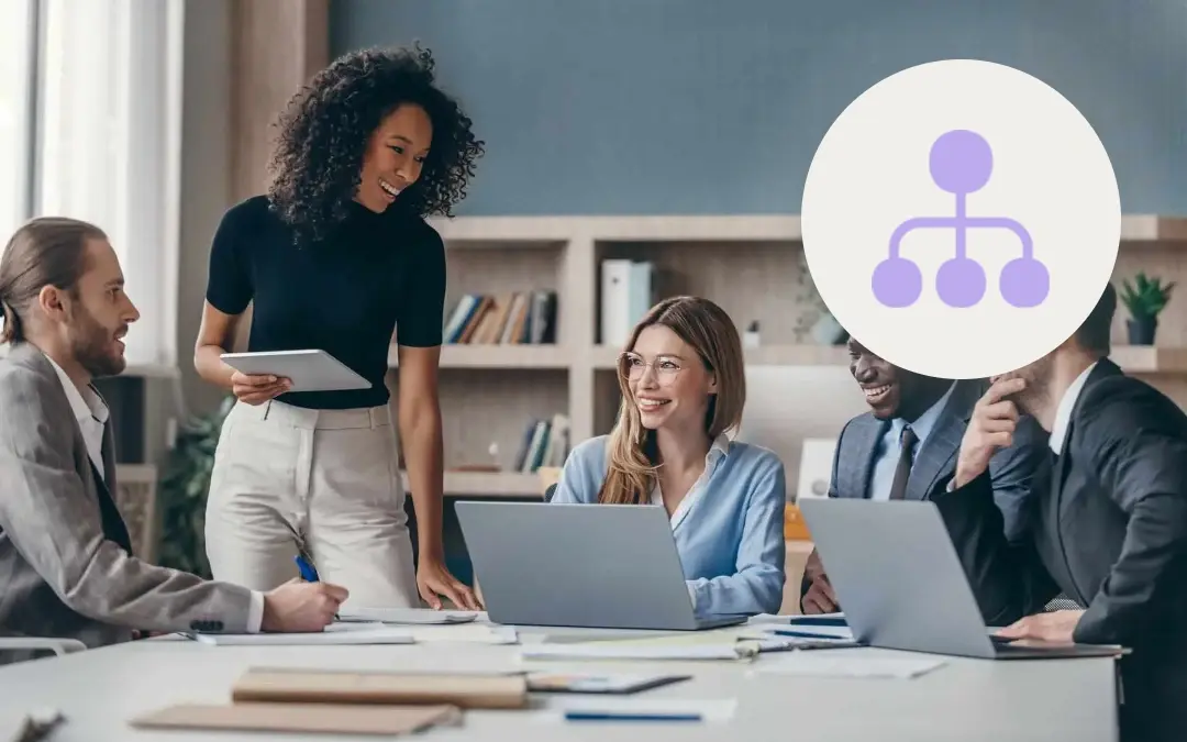 A business team smiling together beside a purple data icon
