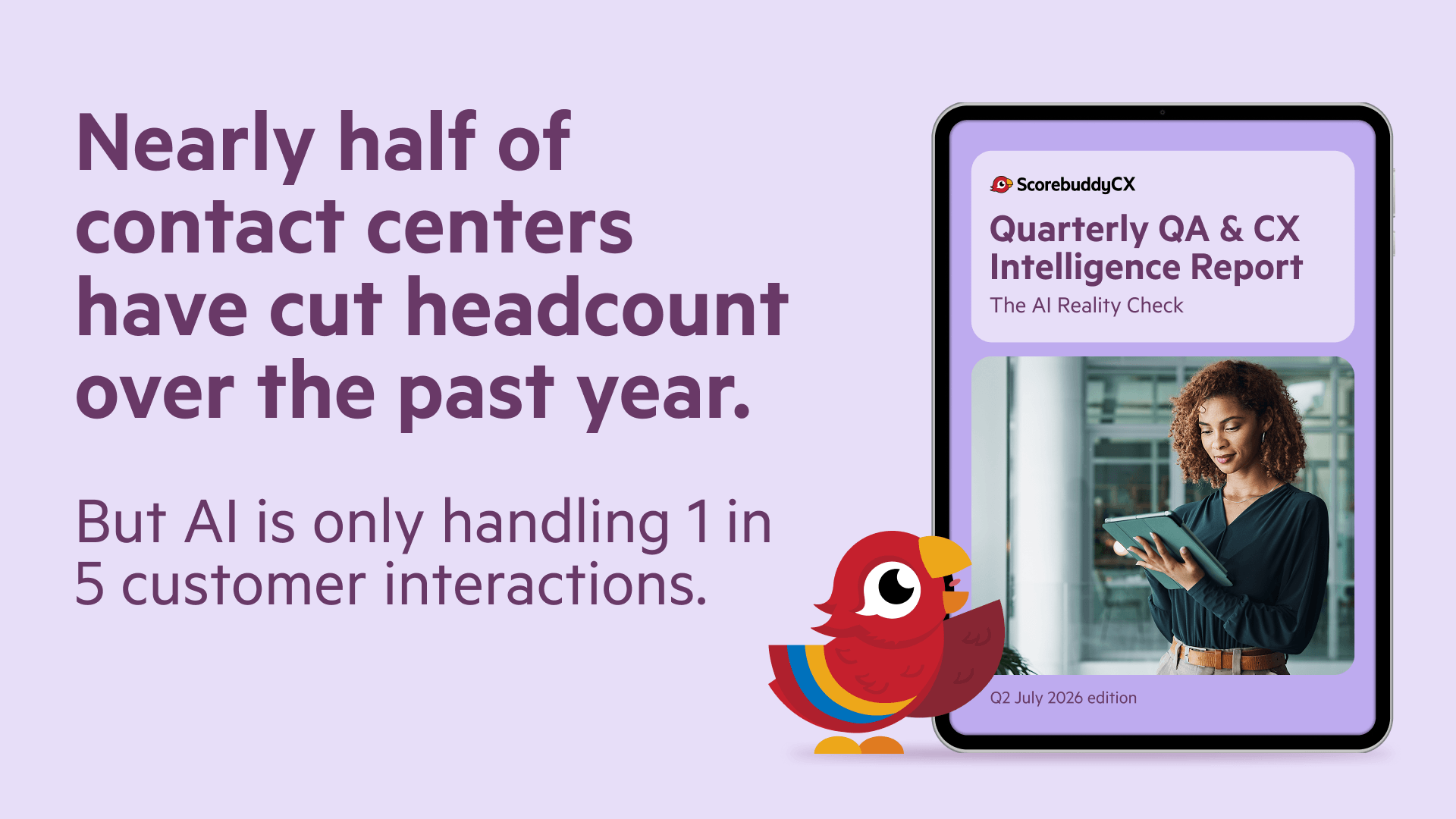 The AI Reality Check report on a tablet, alongside headline findings on AI adoption and headcount