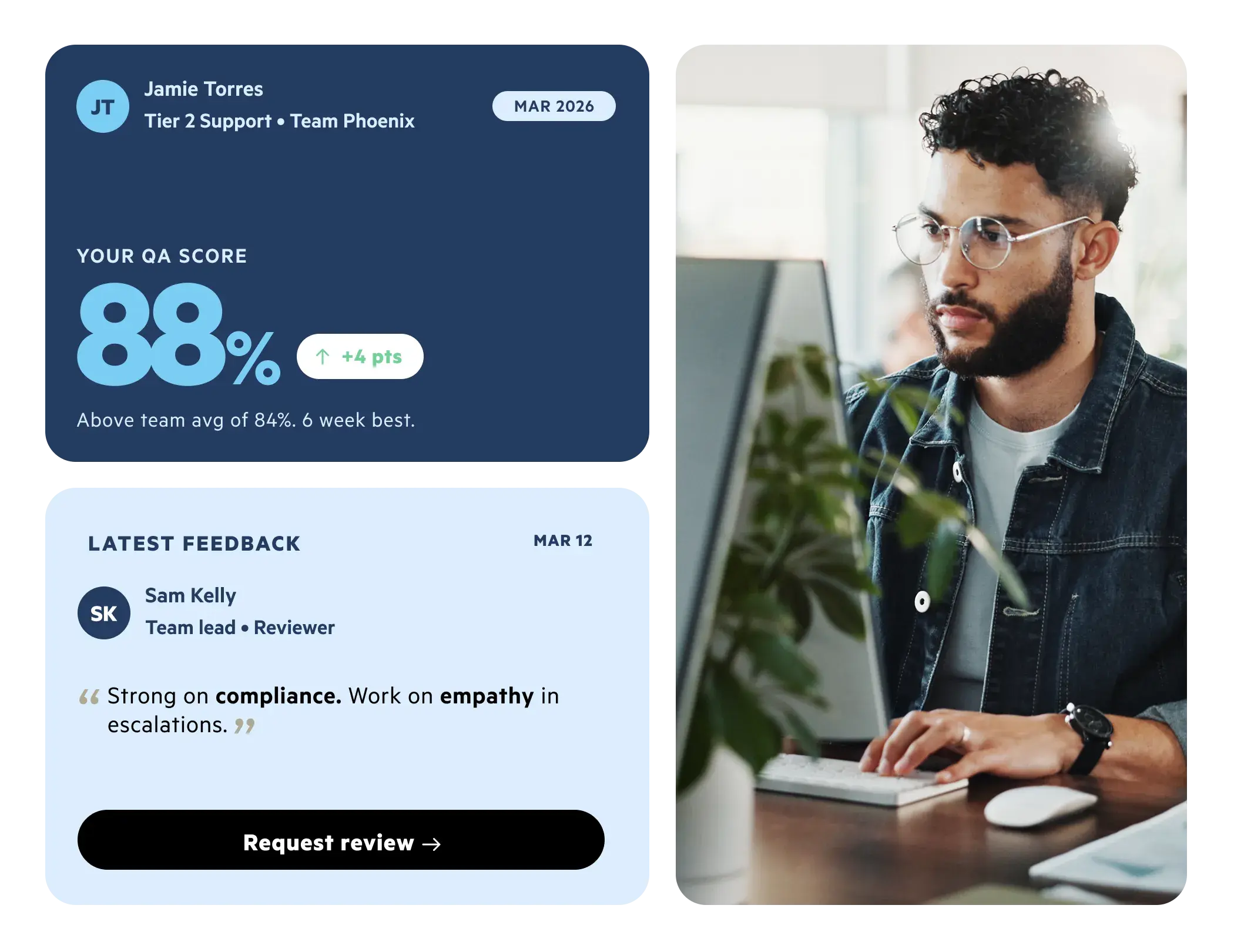 An agent dashboard showing QA score, latest feedback, and a photo of a man wearing glasses using a computer