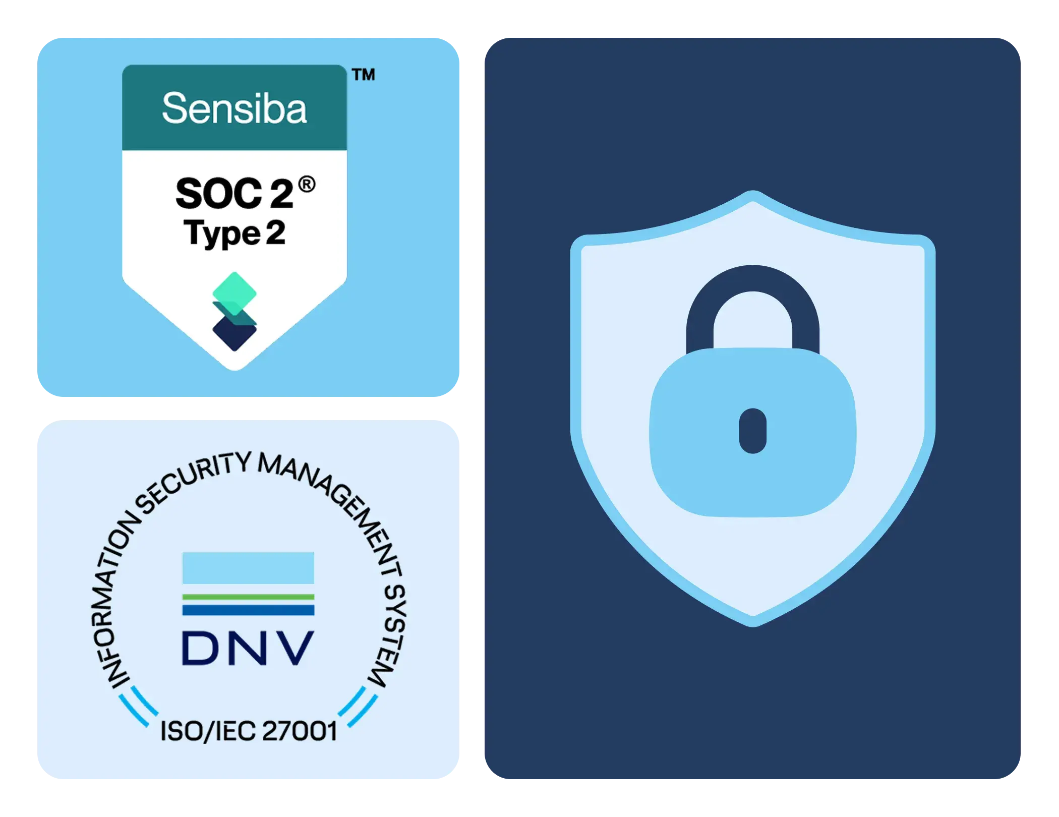 A design showing the ISO 27001 and SOC 2 Type 2 badges, alongside an image of a padlock, against a transparent background