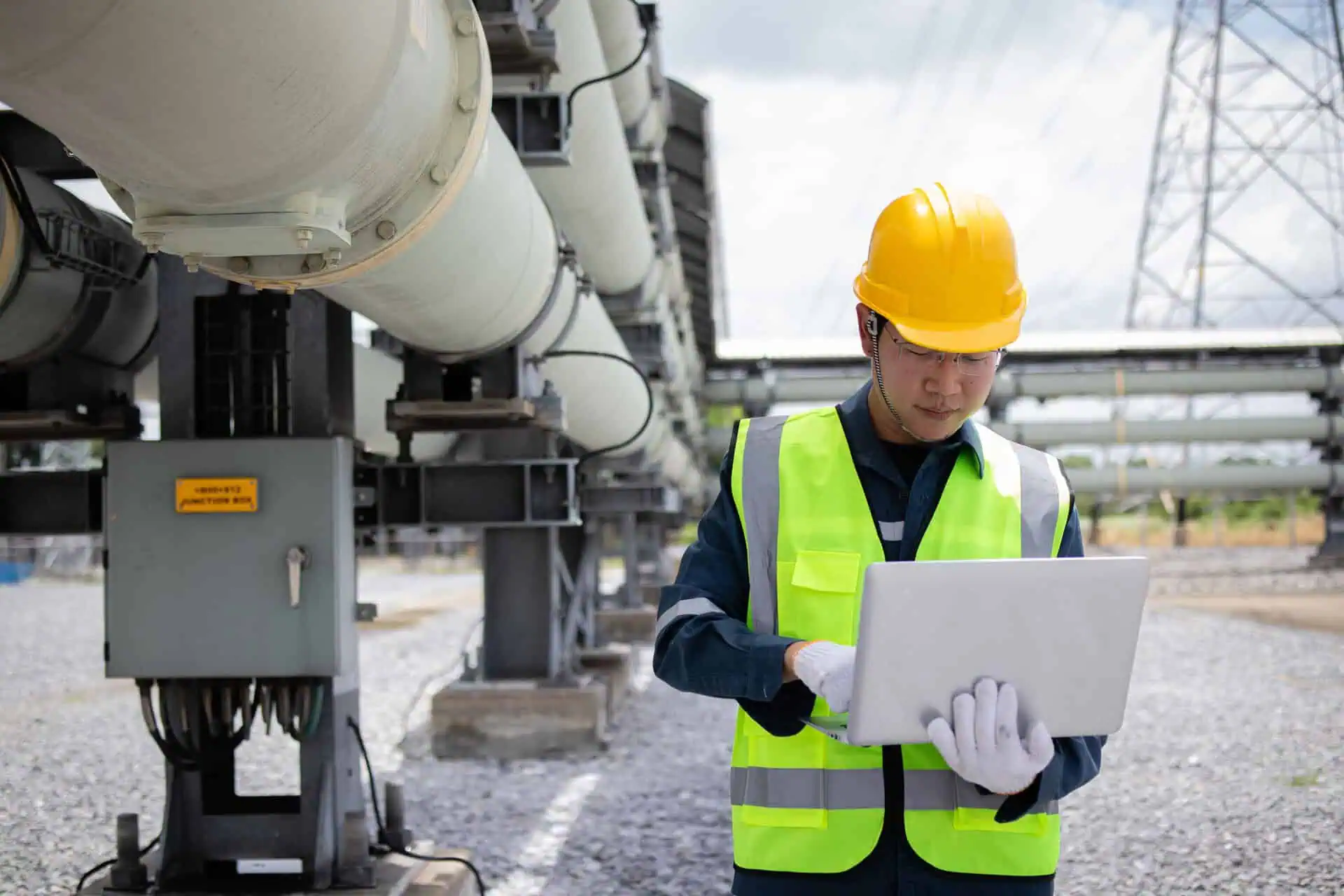 Utility worker using a laptop at an industrial site