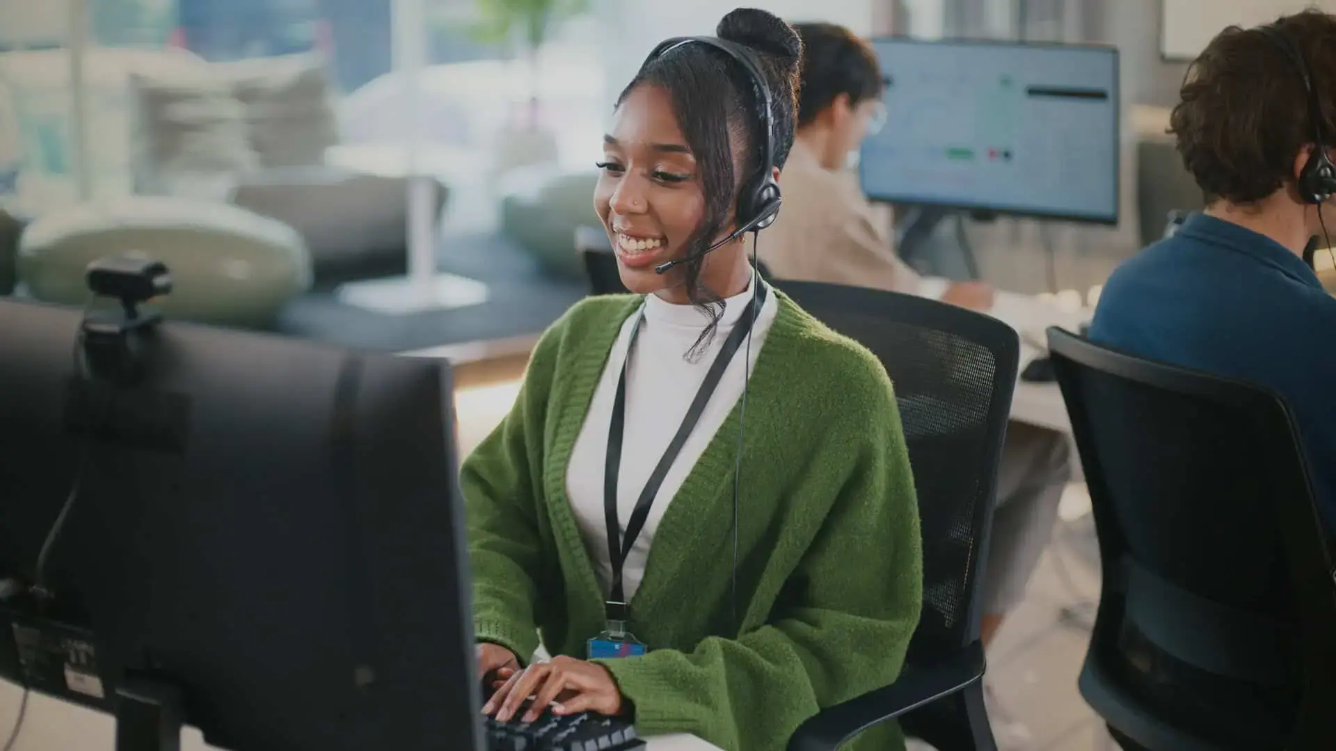 Friendly contact center agent on a headset call
